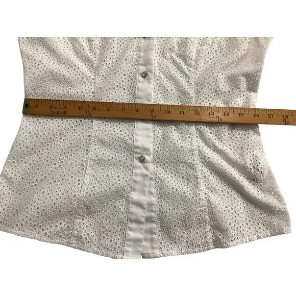 Escada white eyelet short-sleeved shirt rhinestone-embellished buttons size 38 - Picture 9 of 11